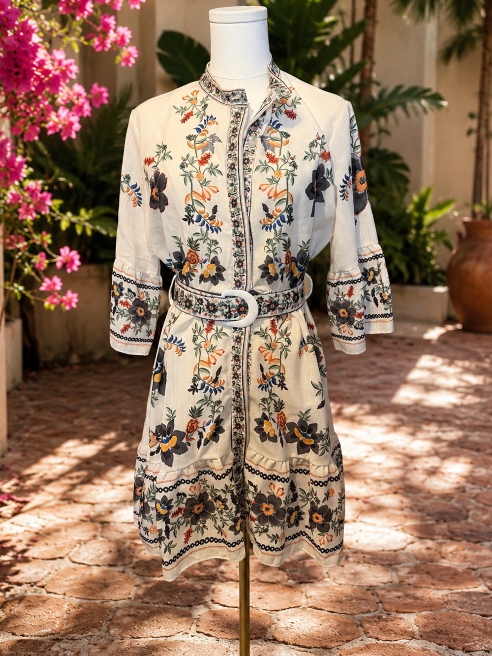 Made in Italy Printed Floral Belted Cream Mini Dress OS